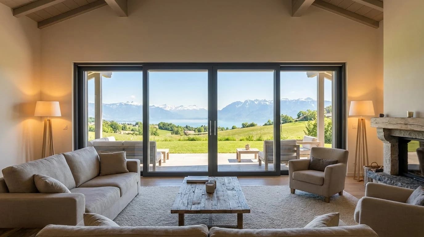 Baie vitrée aluminium avec vue sur le lac et les Alpes - Lagrace Fermeture